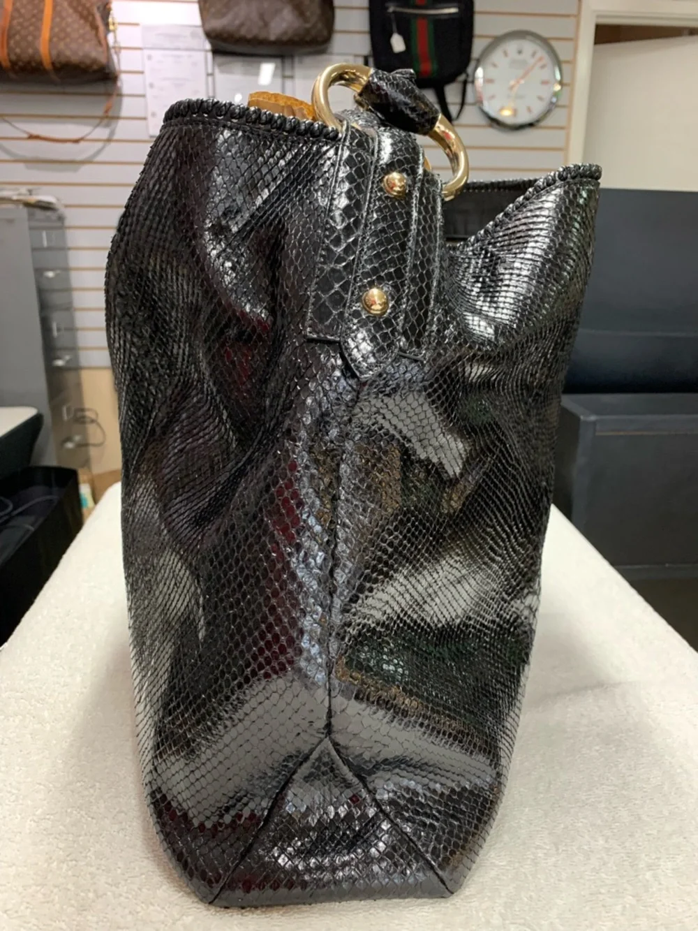 Gucci Horsebit Large Black Python Snakeskin Hobo Bag